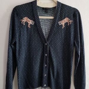 J. Crew Navy and Green Tiger Cardigan Sz Medium